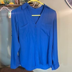 Express Blue Buttoned Notched Collar Blouse
